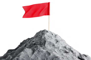 Conquering the summit red flag on mountain peak abstract photography dramatic environment high angle view symbol of challenge and achievement Png, Transparent background.