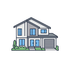 Modern two-story house with garage and bushes, residential building