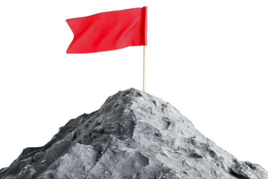 Conquering the summit red flag on mountain peak abstract photography dramatic environment high angle view symbol of challenge and achievement Png, Transparent background.