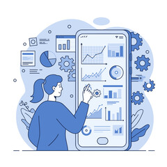 Woman analyzing data on giant smartphone screen charts app