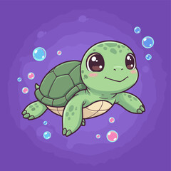 Cute green sea turtle swimming underwater with pink and blue bubbles