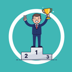 Businessman on first place podium with trophy making victory sign