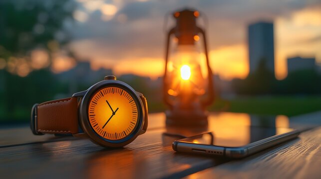 Wristwatch and Smartphone at Sunset with Lantern - Powered by Adobe
