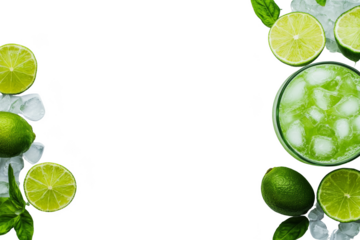 Refreshing lime drink preparation kitchen counter food photography bright environment top-down view summer vibes Png, Transparent background.