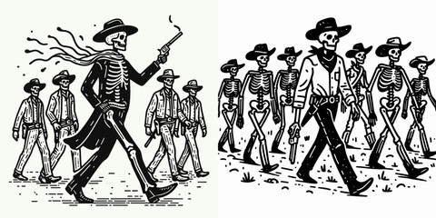 Skeleton as Cowboy Leading a group. Western Outline Clipart ink line art doodle vector illustration. Bony sheriff marshaling band undead figure guiding troop.