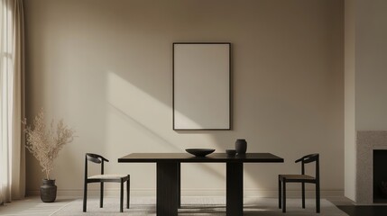 Minimalist dining room, sunlight, empty frame, modern chairs