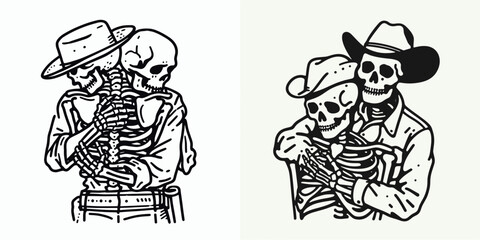 Skeleton as Cowboy Hugging partner. Western Outline Clipart ink line art doodle vector illustration. Skeletal embracing mate spectral figure affection element.
