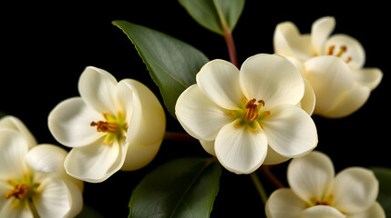 Large double white plum on black background (Close up flower head macro photograph)