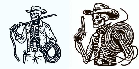 Skeleton as Cowboy Holding rope coil. Western Outline Clipart ink line art doodle vector illustration. Bony gunslinger coil of cord spirit skeletal rancher rustic undead figure.