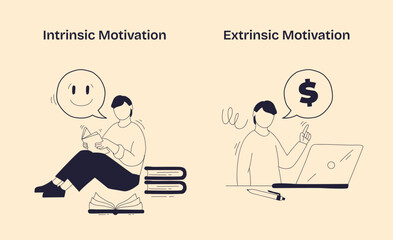 Intrinsic vs Extrinsic Motivation contrasts self-driven joy from learning with reward-driven actions, key objects, book, smiley face, dollar sign. Doodle style diagram