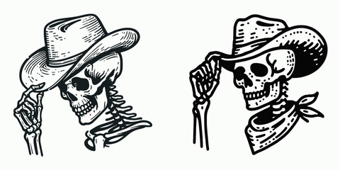 Skeleton as Cowboy Hat tipping. Western Outline Clipart ink line art doodle vector illustration. Bony remains in headwear bowing a courteous halloween grim gesture.