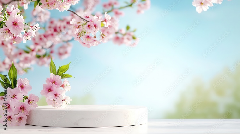 Aufkleber round marble podium displaying cherry blossoms in spring sunlight, creating a serene and elegant bac