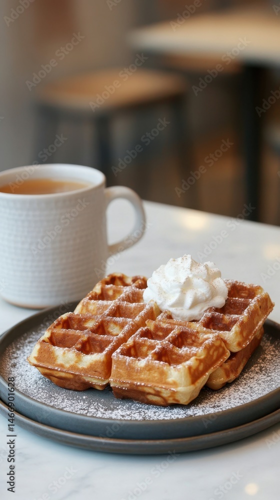 Poster stack of golden waffles topped with whipped cream and powdered sugar served with tea in a cafe setti