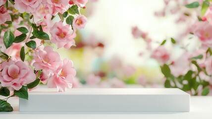 Pink roses blooming near white podium, soft green backdrop highlighting delicate floral arrangement with elegant minimalist styling