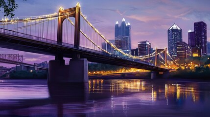 Obraz premium A suspension bridge shimmering with lights at dusk, the serene water mirroring its modern design, with a peaceful urban skyline enhancing the travel allure. 