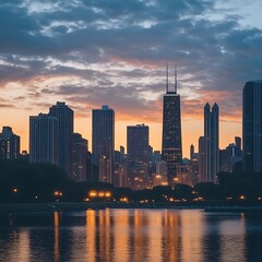 Obraz premium Sunset Horizon Glows Behind Tall Urban Buildings High Resolution Picture