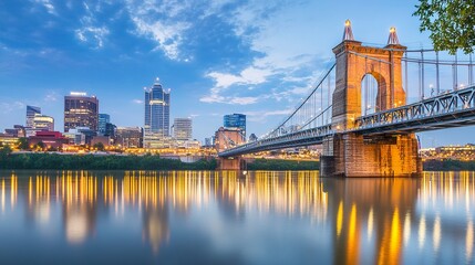 A suspension bridge shimmering with lights at dusk, the serene water mirroring its modern design, with a peaceful urban skyline enhancing the travel allure.  