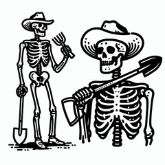 Skeleton as Cowboy Carrying a shovel. Western Outline Clipart ink line art doodle vector illustration. Boney rancher hauling tool rural west spectral figure grave digger artwork.