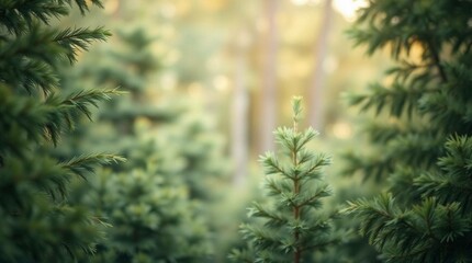 a dense, lush forest with tall evergreen trees, sunlight filtering through the canopy, a mysterious and serene atmosphere, mist or fog creating a dreamlike quality, a sense of peace and tranquility, 