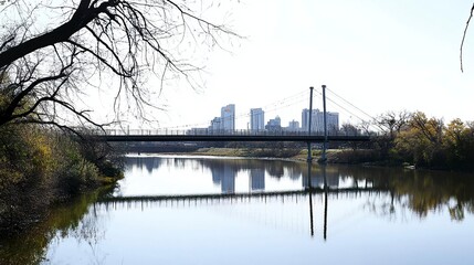 Fototapeta premium A suspension bridge stretching over a reflective river, with a sprawling urban skyline framed by a bright, clear sky. 