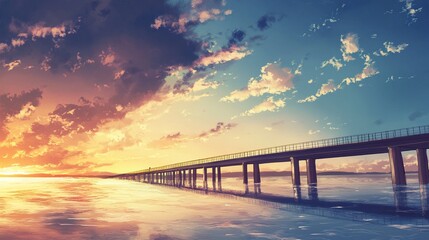 Obraz premium A sweeping view of a long bridge over a serene body of water, the sunset's vibrant colors contrasting with gentle clouds floating in the sky. 