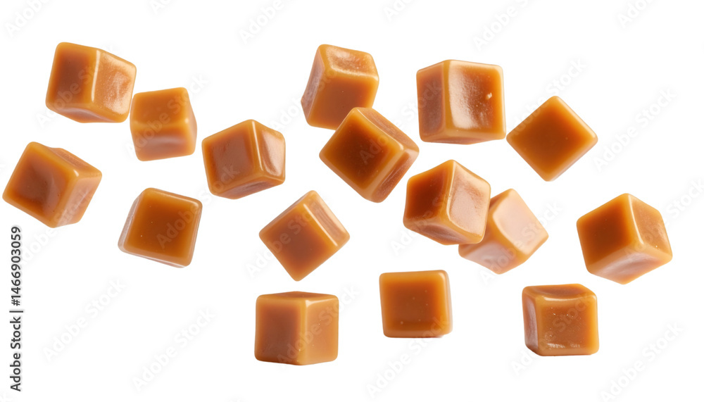 Poster multiple caramel cubes levitating on transparent background