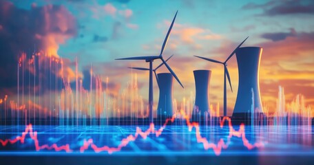 Wind turbines and power plants against a backdrop of financial data, suggesting the impact of renewable energy on market trends.  A blend of energy production and financial indicators