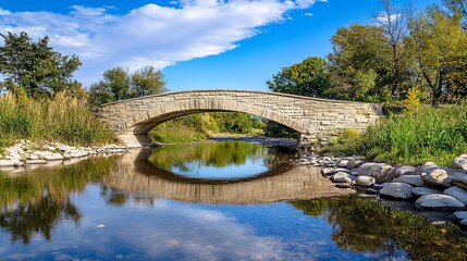 A timeless stone bridge with smooth, weathered stones, its arch reflecting in the clear, shallow stream it spans, under a peaceful sky. 
