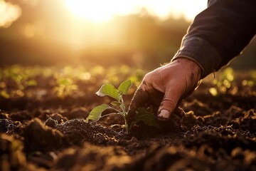 Fototapeta premium Agriculture workers diligently tending to crops during sunset.