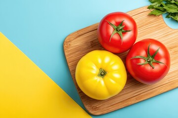Fresh tomatoes and bell pepper on a cutting board