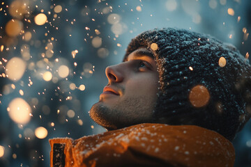 Dreamy Winter Night with a Person Admiring Sparkling Fireworks in Festive Holiday Atmosphere, Generative AI
