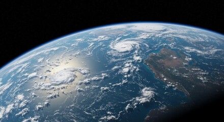 Fototapeta premium Planet Earth From Space - Stunning view of Earth from space, showcasing swirling clouds, oceans, and continents. A breathtaking perfect for environmental projects