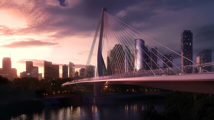 Obraz premium A towering cable-stayed city bridge, its modern design complementing the backdrop of a glowing skyline against the dusk sky. 