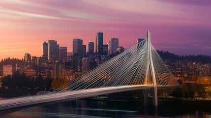 A towering cable-stayed city bridge, its modern design complementing the backdrop of a glowing skyline against the dusk sky.  