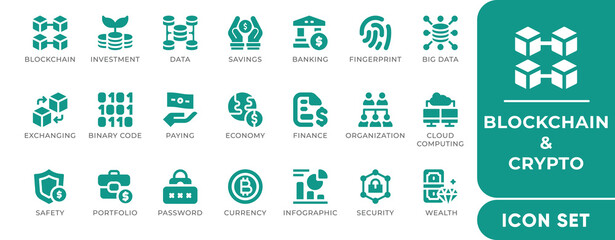 Blockchain and Cryptocurrency Icon Set. Includes tokens, crypto wallets, mining, NFT, blockchain networks. Perfect for fintech apps, crypto sites and tech projects.