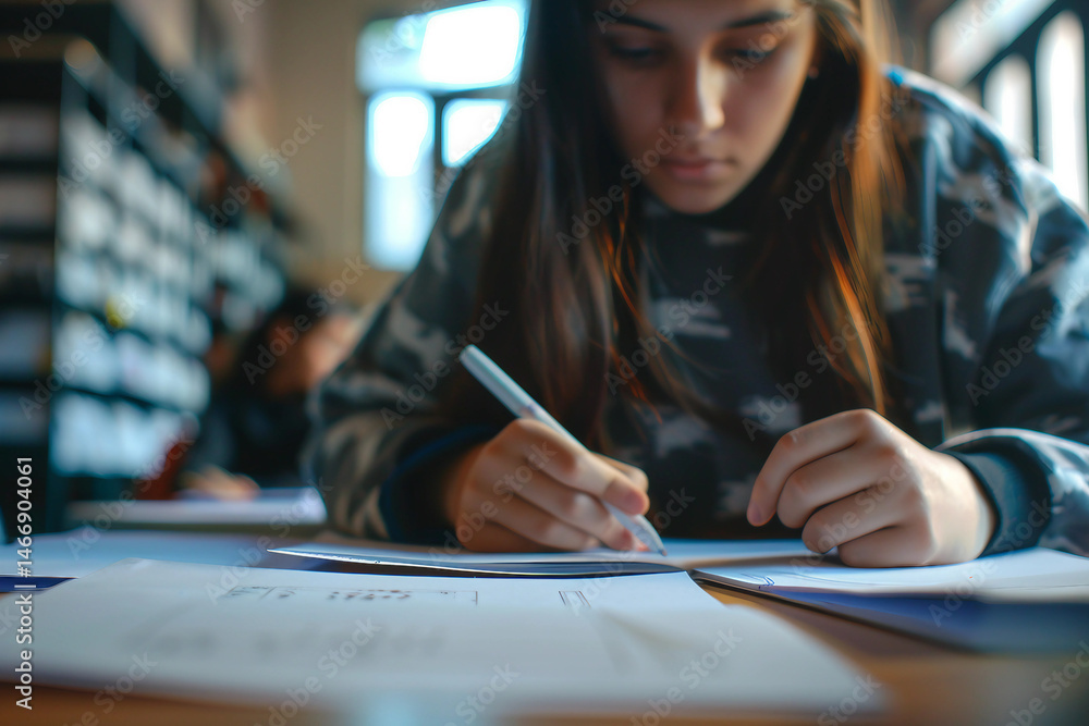Poster generative ai image of student taking written exam test in educational classroom setting