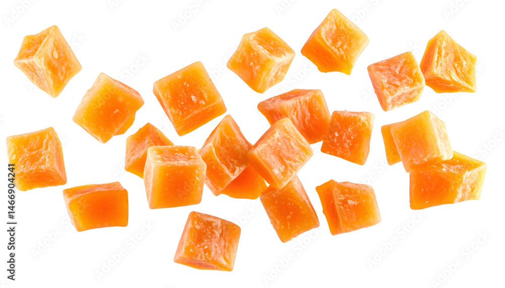 Poster falling candied melon cubes with realistic texture and natural lighting on transparent background