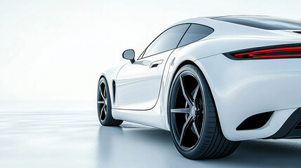 Rear view of a sleek white sports car with black rims against a bright white background in studio shot