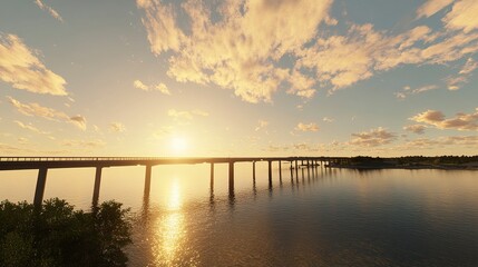 Obraz premium A tranquil evening view of a long bridge over a wide stretch of water, the setting sun casting golden light and soft shadows, with scattered clouds above. 