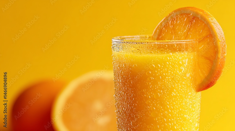 Poster closeup of a refreshing glass filled with chilled freshly squeezed orange juice garnished with a sli