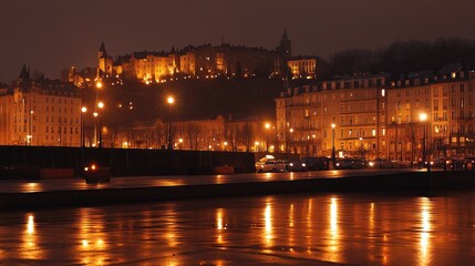 Fototapeta premium Nightfall over the illuminated cityscape, reflecting on calm waters, showcasing a majestic castle on a hill