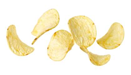 Crispy potato chips falling on transparent background