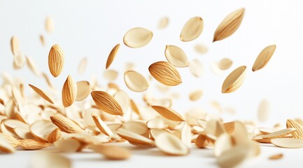 Floating almond slices against a white backdrop
