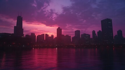 Fototapeta premium Vibrant Sunset Sky Over Urban Buildings And Waterfront High Resolution Picture