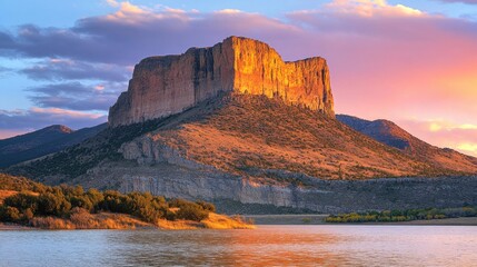 Majestic mountain illuminated by golden sunset light reflecting on lake water in scenic landscape view