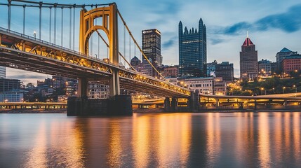 Obraz premium A twilight view of a suspension bridge, its lights casting a golden glow on the serene water below, with a peaceful urban skyline completing the tranquil scene. 