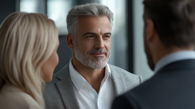 Distinguished businessman in a confident discussion with colleagues