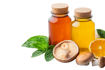 Natural oil infusion recipe featuring fresh herbs and mushrooms kitchen countertop food photography light and airy culinary concept Png, Transparent background.