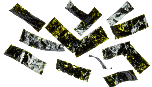 Multiple nori seaweed strips falling down with realistic texture and natural lighting on transparent background