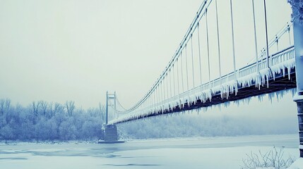 Fototapeta premium A vast suspension bridge draped in thick snow, with icy cables and a frozen river below, capturing the serene yet harsh beauty of winter. 
